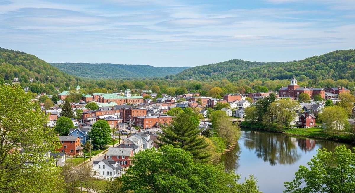 Rocky Hill rooftops and a river bend seen from a wooded rise, green hills on the horizon