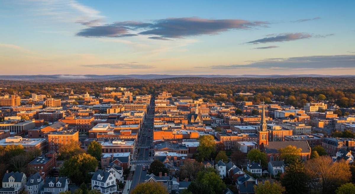 Aerial view over West Hartford Center at sunset: brick commercial blocks, a church steeple, and tree-lined residential streets beyond
