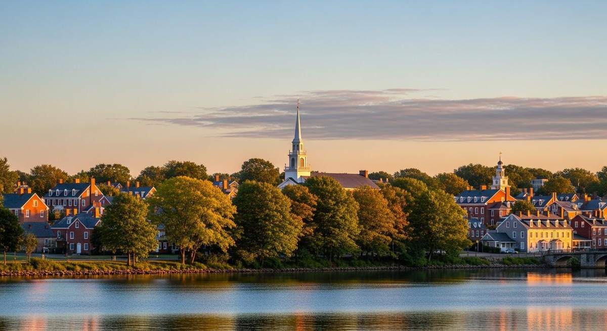 Old Wethersfield from across the Cove at golden hour: a white church steeple above brick and clapboard colonials among autumn trees