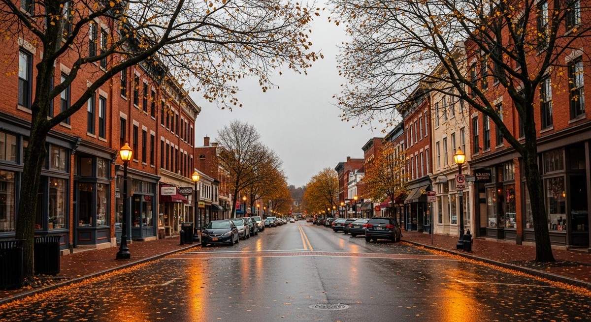 Brick storefront blocks along a rain-wet Broad Street in Windsor with autumn leaves on the pavement